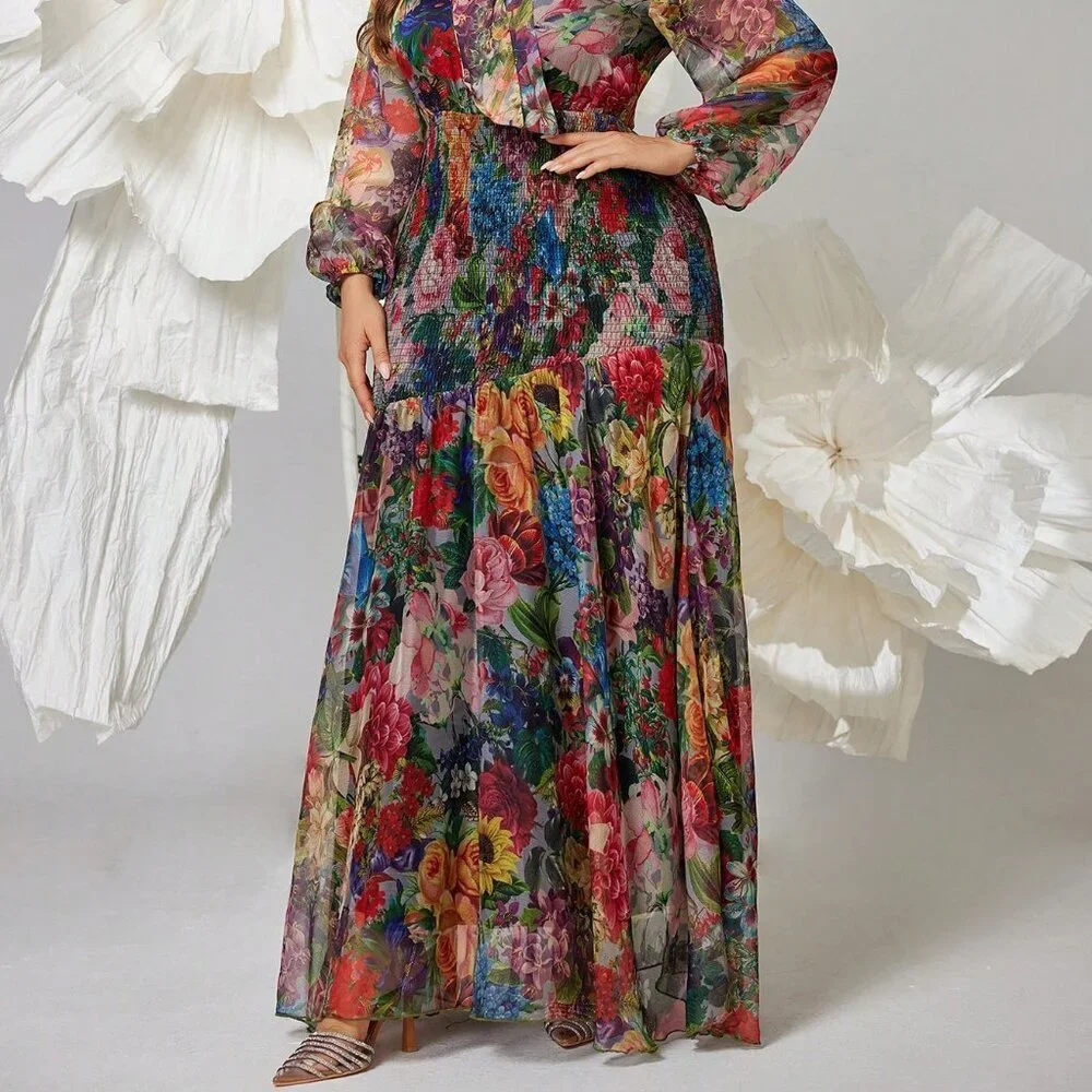 Multicolor Elegant Women's Plus Size Floral V-Neck Lantern Sleeve Maxi Dress - Picture 3 of 6